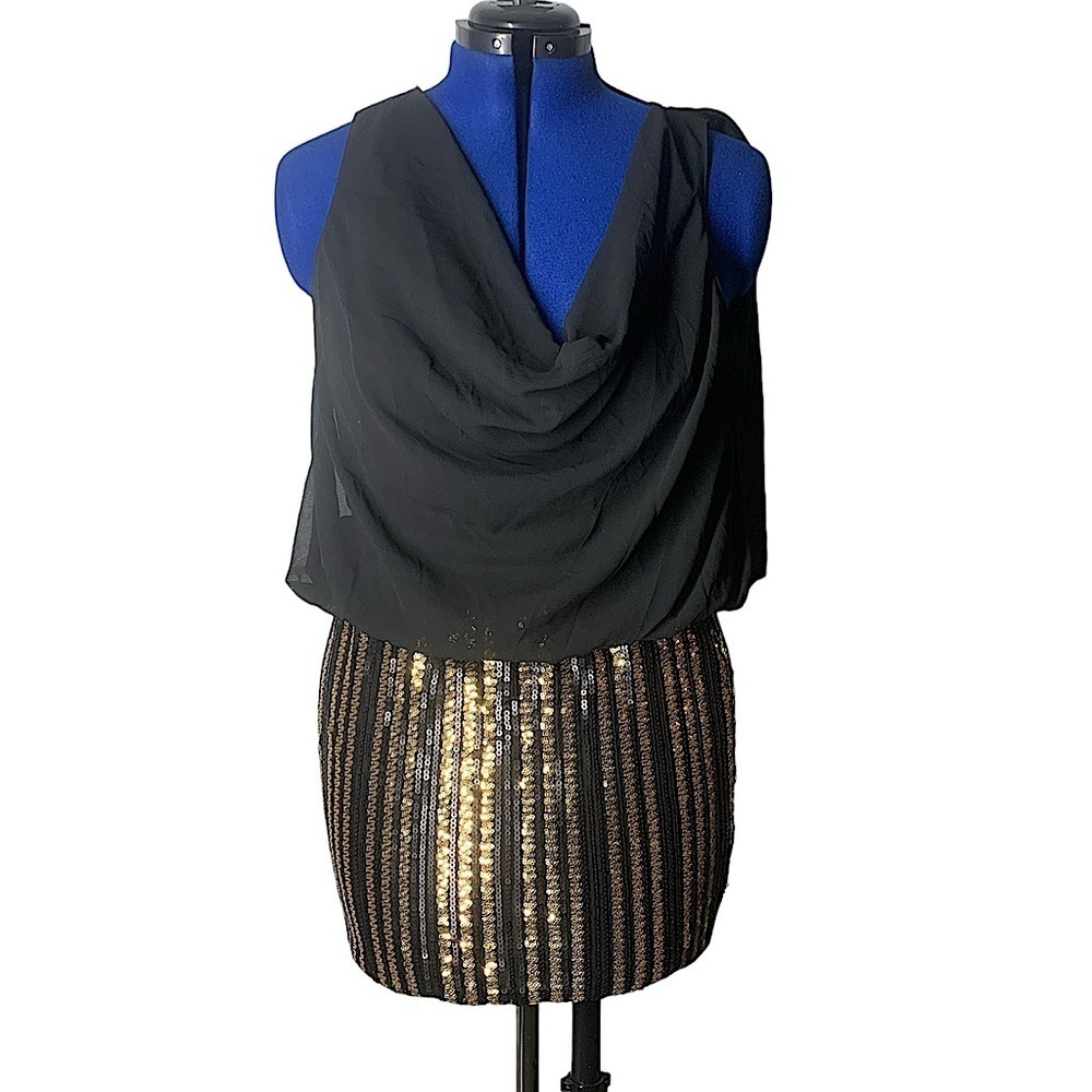 Moonlight Black Sleeveless gold sequin dress Cowl Neckline open back mini party